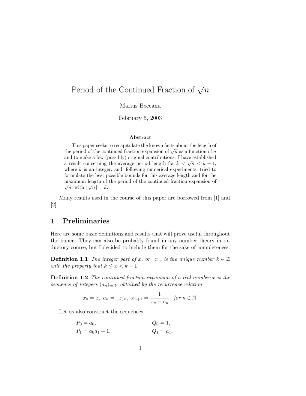 Period of the Continued Fraction of N