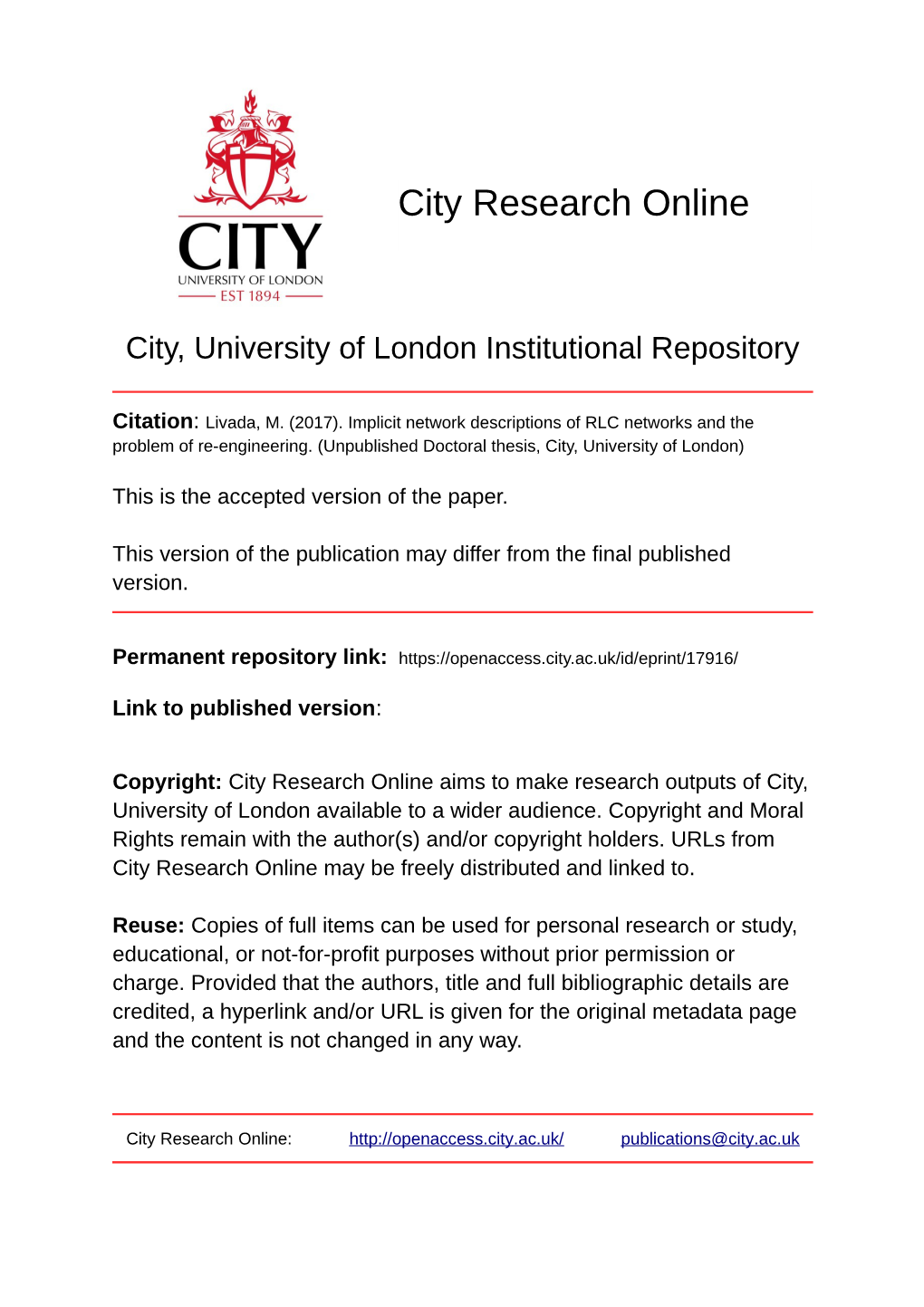 Implicit Network Descriptions of RLC Networks and the Problem of Re-Engineering