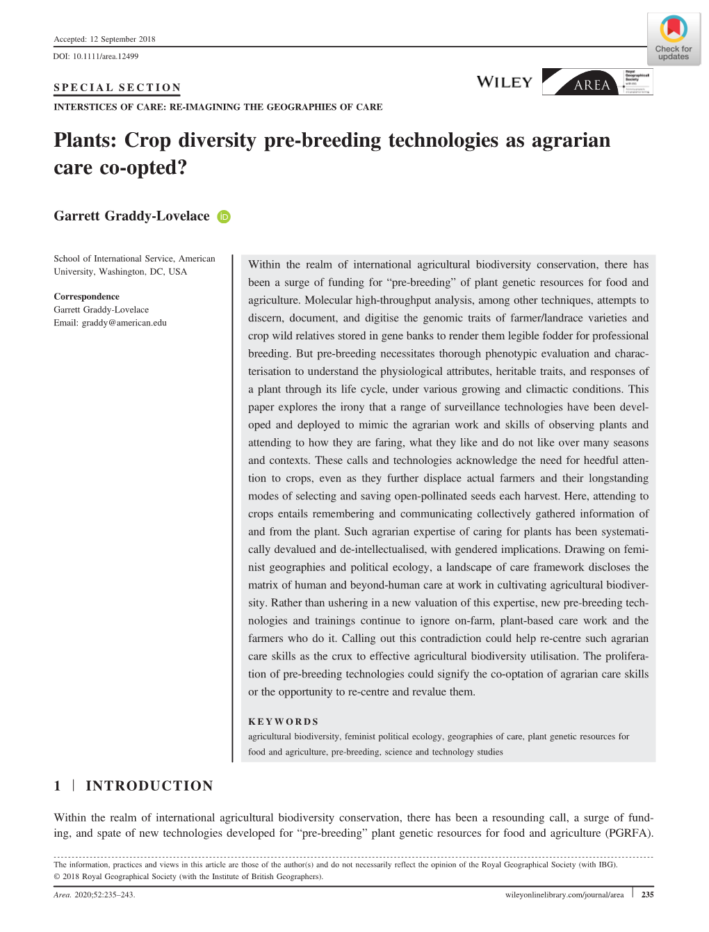 Plants: Crop Diversity Pre‐Breeding Technologies As Agrarian Care Co‐Opted?