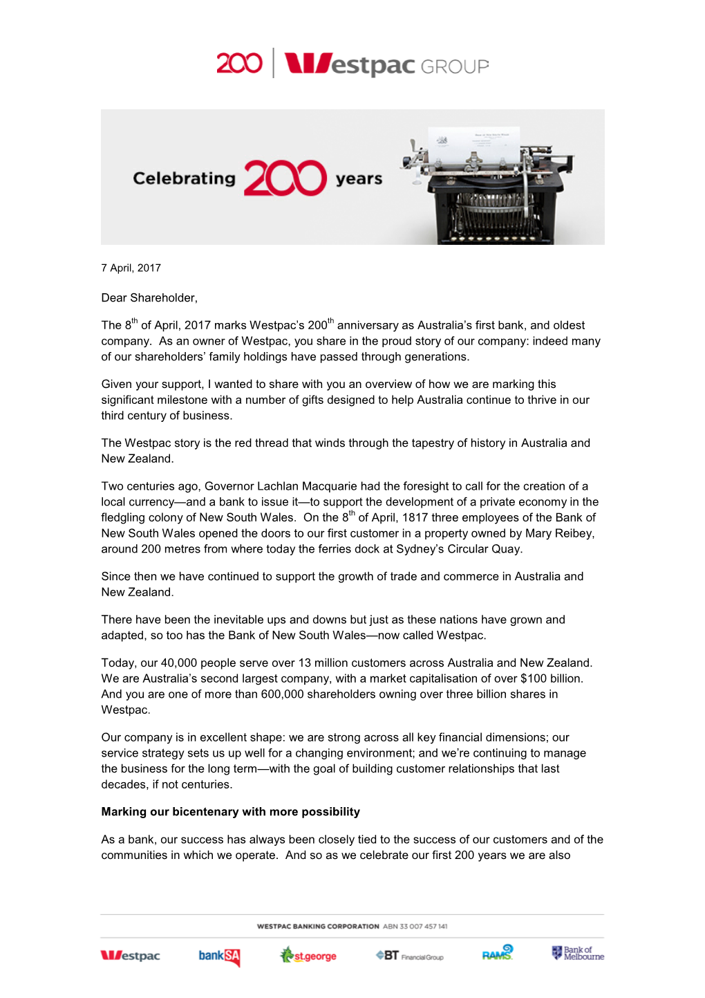 Dear Shareholder, the 8Th of April, 2017 Marks Westpac's 200Th