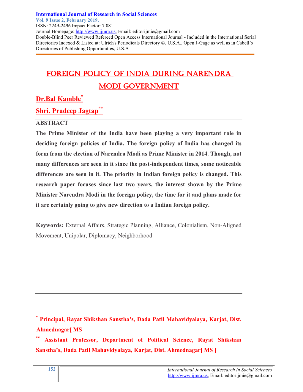 Foreign Policy of India During Narendra Modi Government Dr.Bal Kamble* Shri