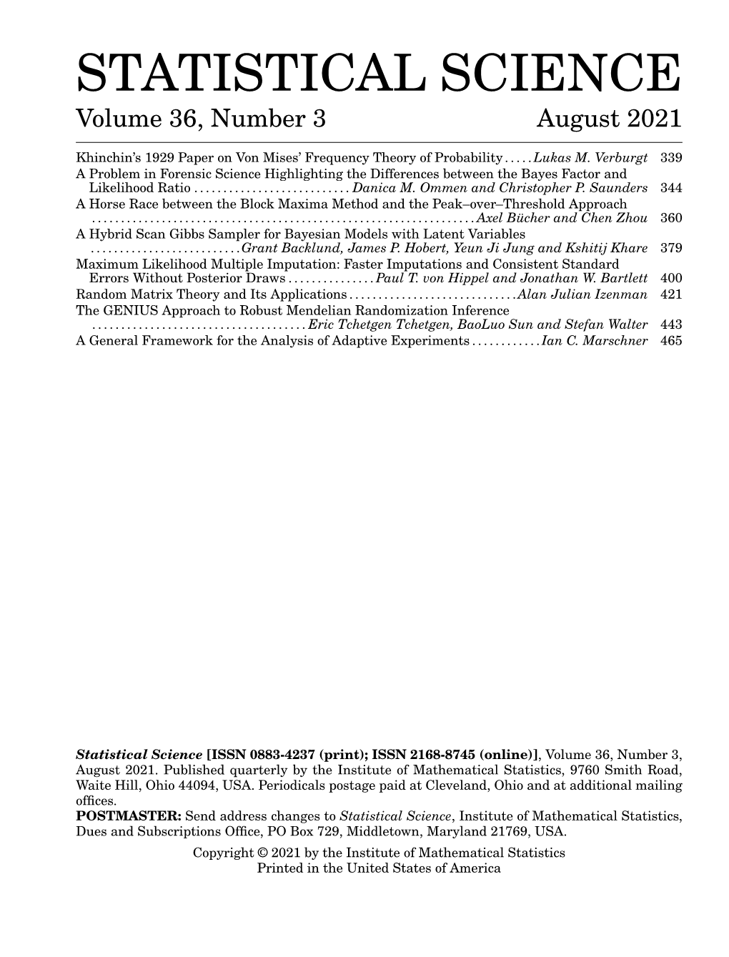 STATISTICAL SCIENCE Volume 36, Number 3 August 2021