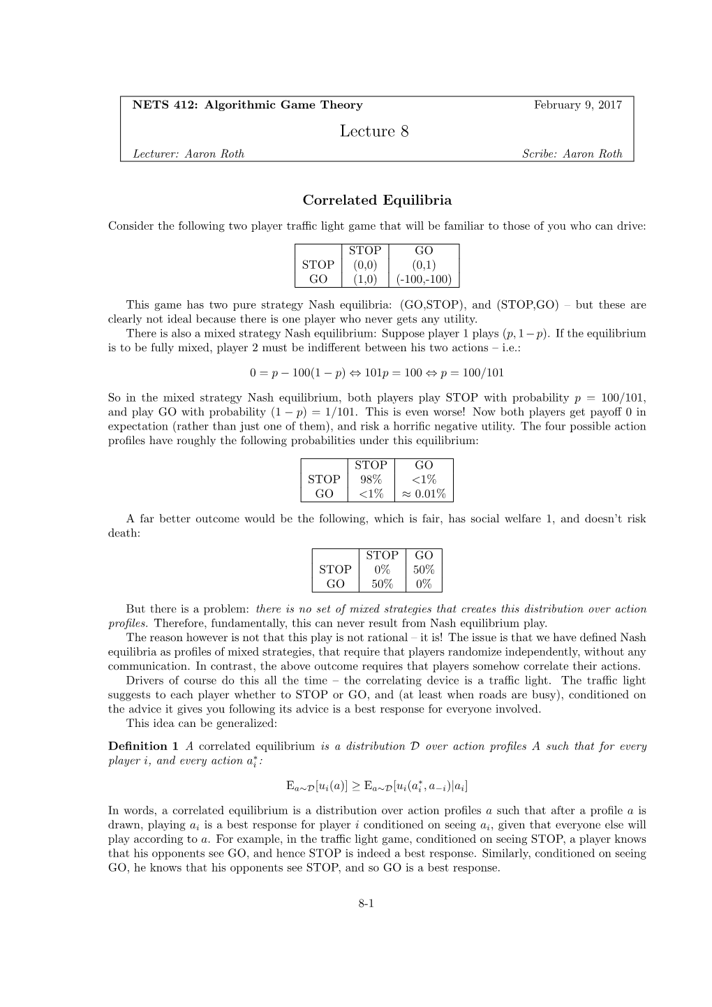 Correlated Equilibrium Is a Distribution D Over Action Proﬁles a Such That for Every ∗ Player I, and Every Action Ai