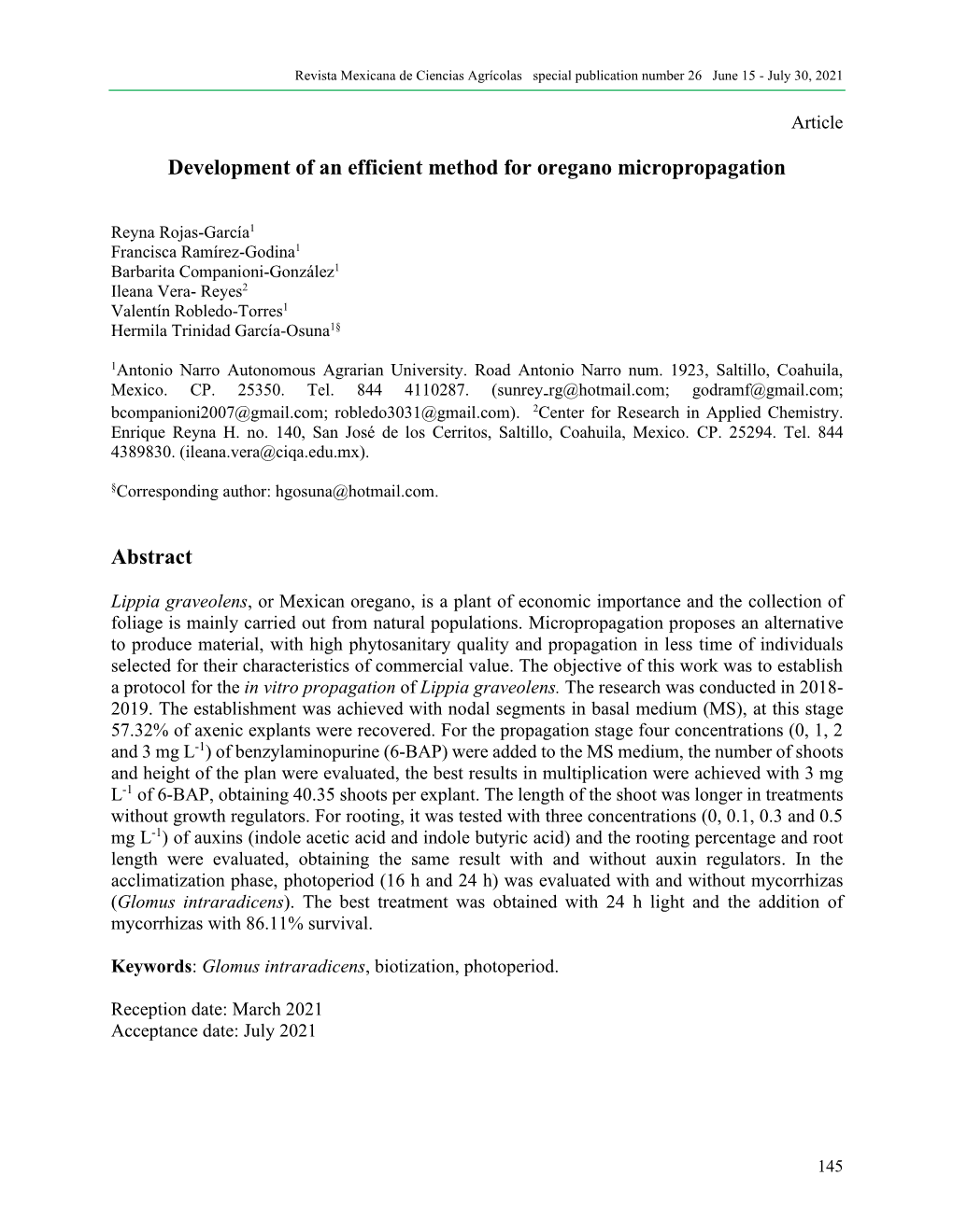 Development of an Efficient Method for Oregano Micropropagation Abstract