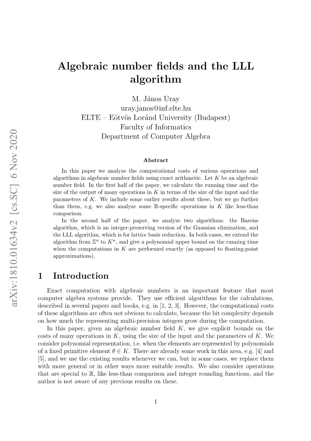 Arxiv:1810.01634V2 [Cs.SC] 6 Nov 2020 Algebraic Number Fields And