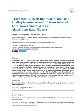 Trace Metals Levels in African Giant Land Snails (Achatina Achatina) from Selected Local Government Areas in Akwa Ibom State, Nigeria