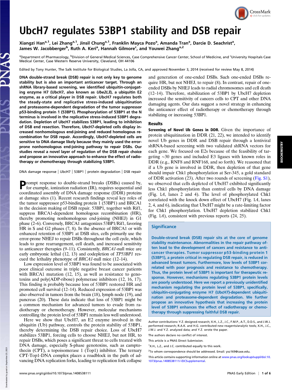 Ubch7 Regulates 53BP1 Stability and DSB Repair