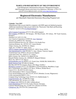 Registered Electronics Manufactures Per Maryland's Statewide Electronics Recycling Program Law