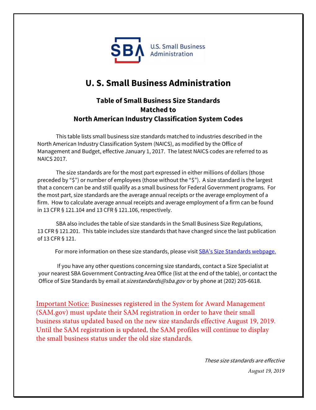 Table Of Size Standards Matched To North American Industry Classification System Codes Docslib 