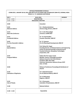 DETAILED PROGRAMME SCHEDULE ICONN-2019, JANUARY 28-30, 2019, SRM INSTITUTE of SCIENCE and TECHNOLOGY (SRM IST), CHENNAI, INDIA VENUE: Dr