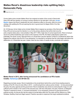 Matteo Renzi's Disastrous Leadership Risks Splitting Italy's Democratic Party