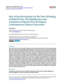 One of the Revelations for Mo Yan's Winning of Nobel Prize: the Significance and Limitation of Mysterious Writing in Contempor