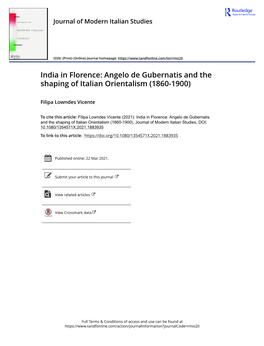 India in Florence: Angelo De Gubernatis and the Shaping of Italian Orientalism (1860-1900)