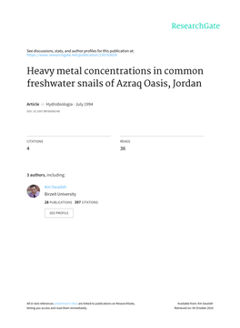 Heavy Metal Concentrations in Common Freshwater Snails of Azraq Oasis, Jordan