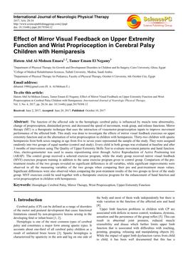 Effect of Mirror Visual Feedback on Upper Extremity Function and Wrist Proprioception in Cerebral Palsy Children with Hemiparesis