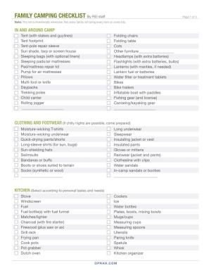 Family Camping Checklist by REI Staff Page 1 of 3 Note: This List Is Intentionally Extensive