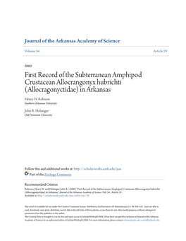 First Record of the Subterranean Amphipod Crustacean Allocrangonyx Hubrichti (Allocragonyctidae) in Arkansas Henry W