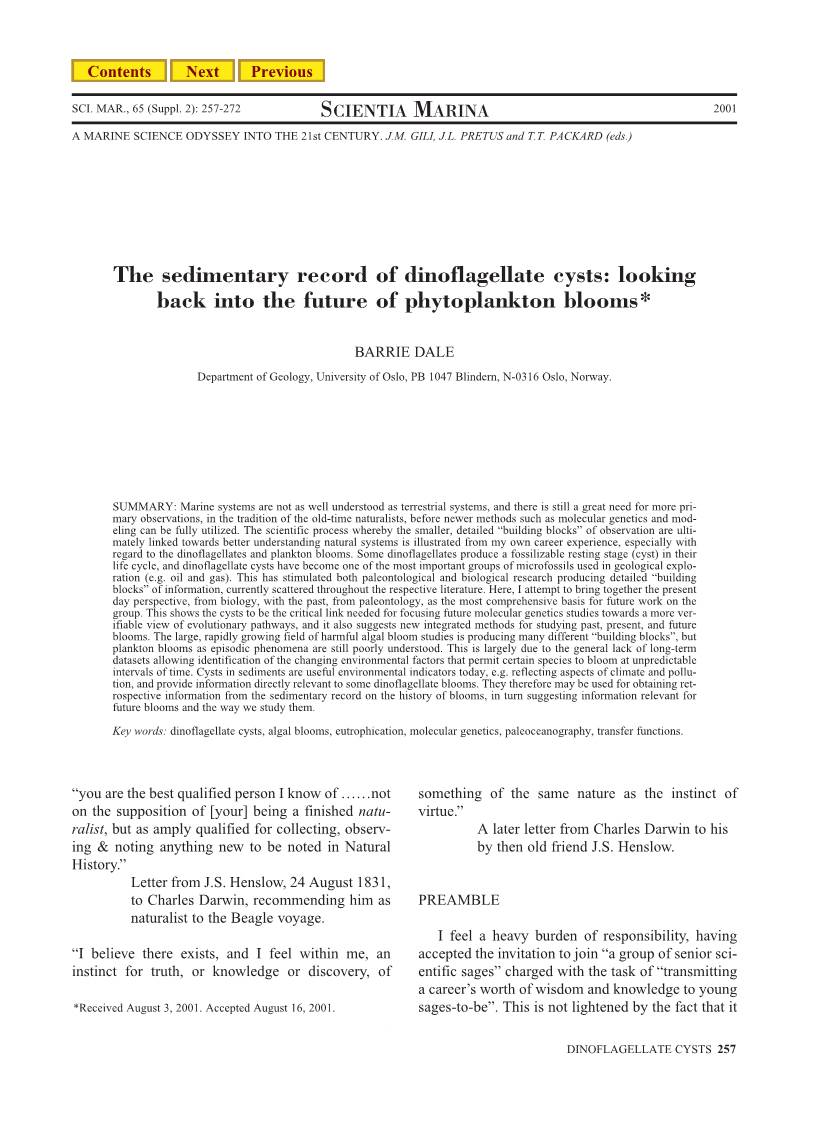 The Sedimentary Record of Dinoflagellate Cysts: Looking Back Into the Future of Phytoplankton Blooms*