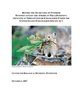 American Pika (Ochotona Princeps) As Threatened Or Endangered Under the United States Endangered Species Act