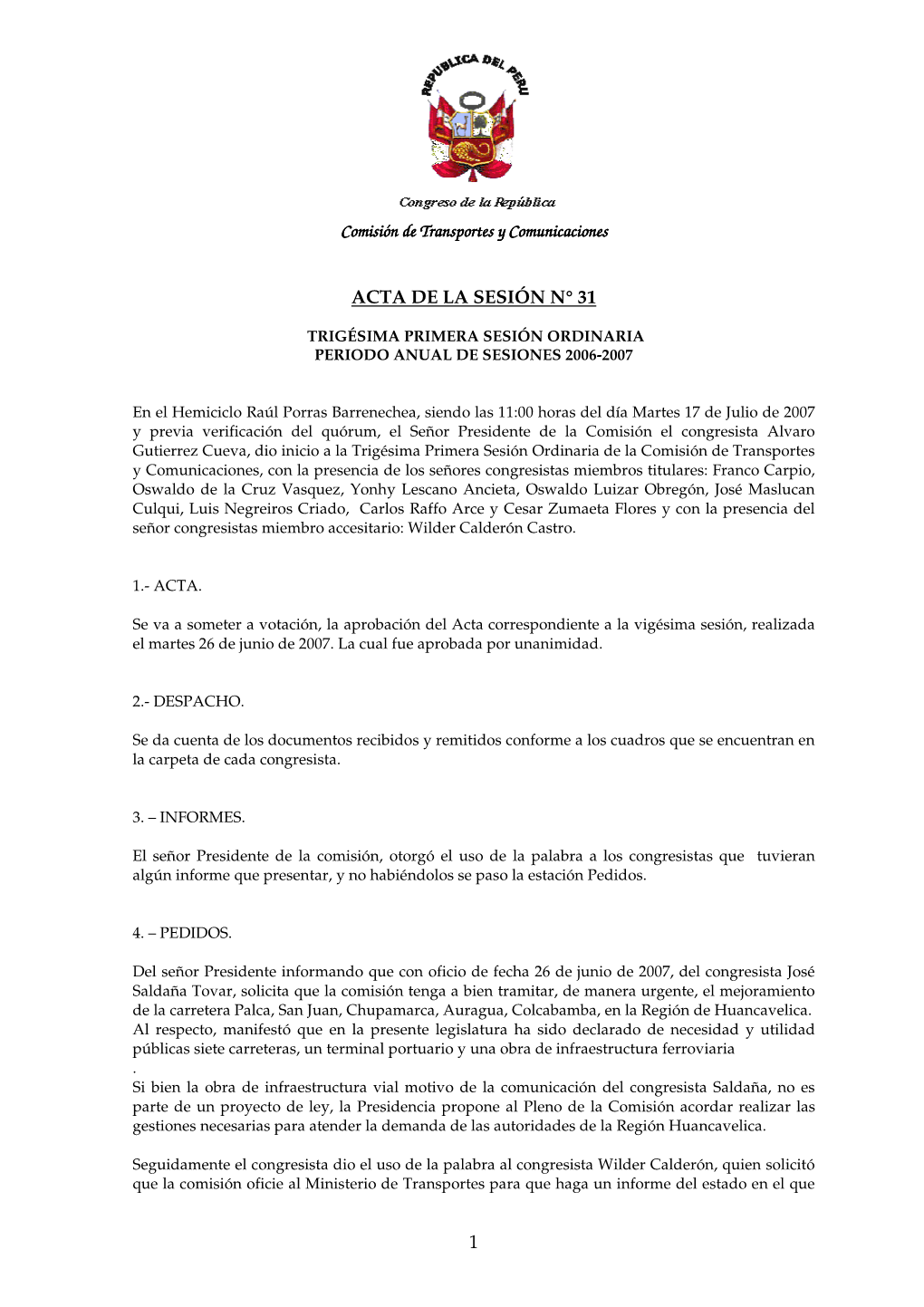 Comisión De Transpo Comisión De Transportes Y Comunicaciones Rtes