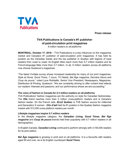 TVA Publications Is Canada's #1 Publisher of Paid-Circulation Print