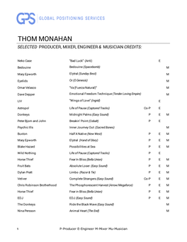 Thom Monahan Selected Producer, Mixer, Engineer & Musician Credits