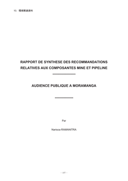 Rapport De Synthese Des Recommandations Relatives Aux Composantes Mine Et Pipeline