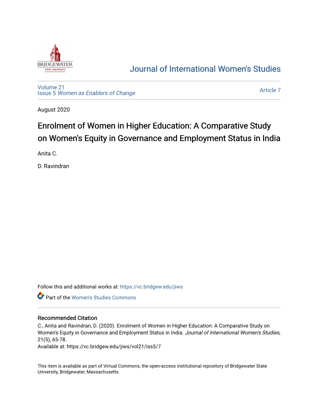 Enrolment of Women in Higher Education: a Comparative Study on Women's Equity in Governance and Employment Status in India