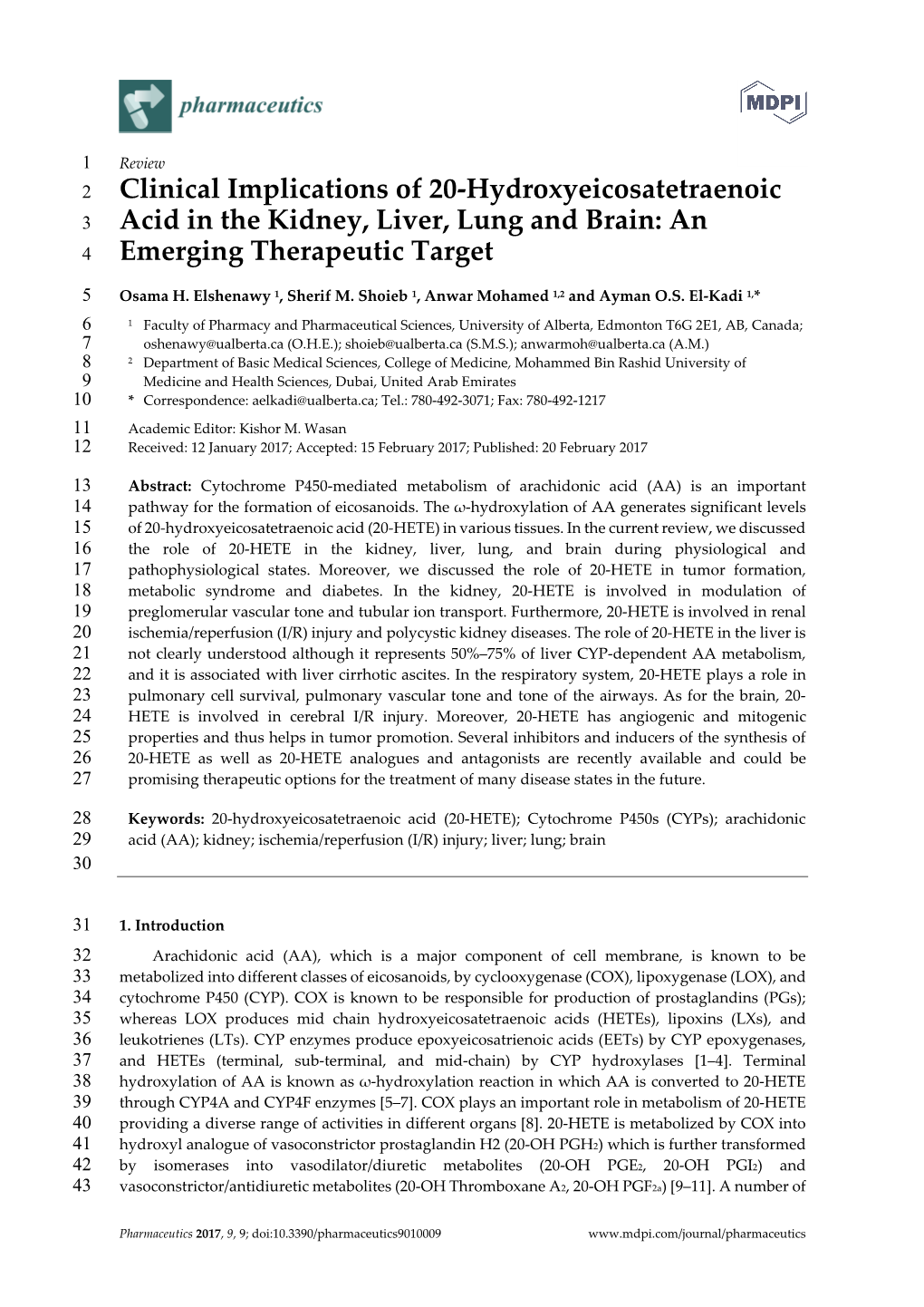 Clinical Implications of 20-Hydroxyeicosatetraenoic Acid in the Kidney, Liver, Lung and Brain