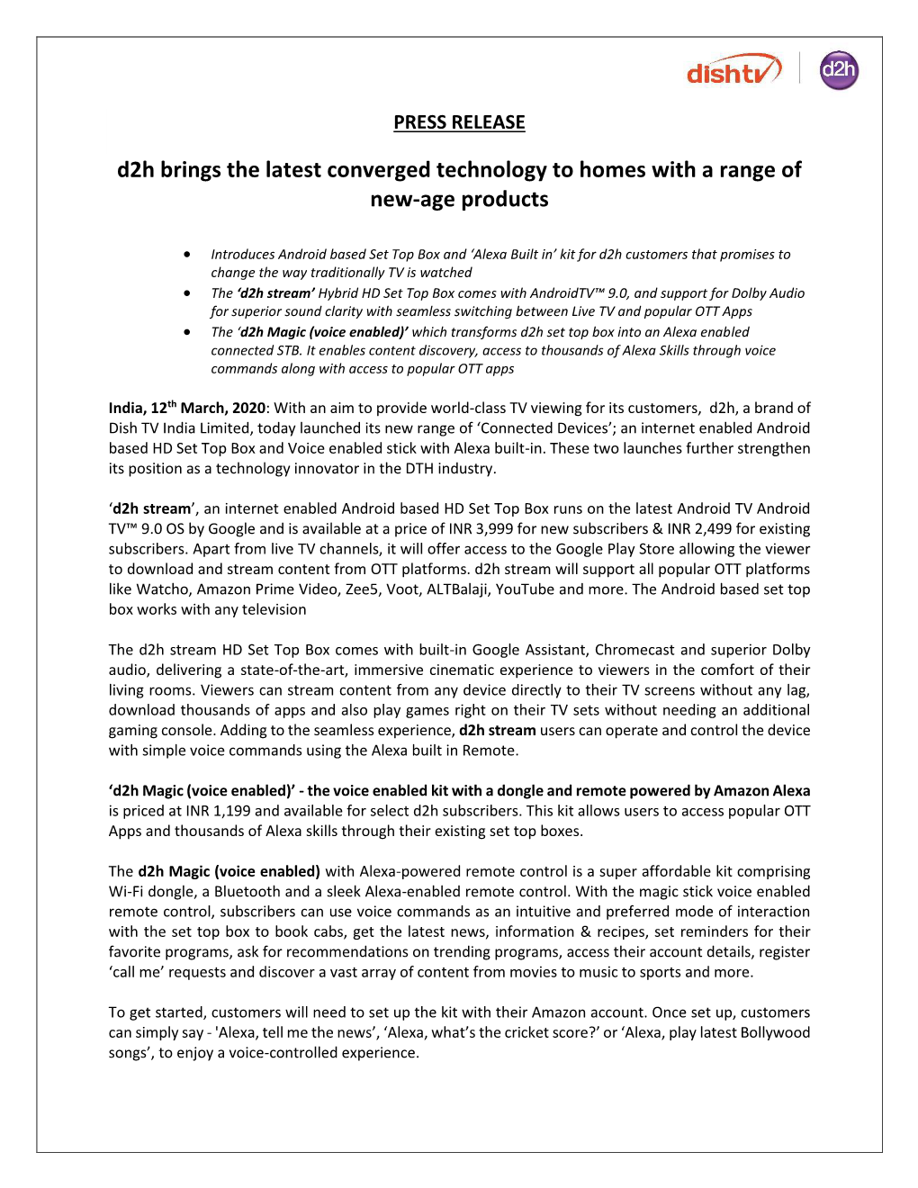D2h Brings the Latest Converged Technology to Homes with a Range of New-Age Products
