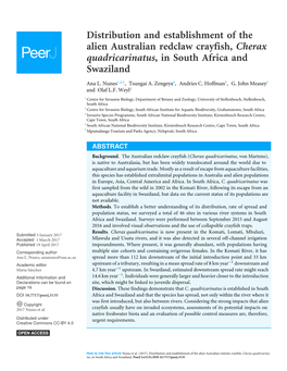 Distribution and Establishment of the Alien Australian Redclaw Crayfish, Cherax Quadricarinatus, in South Africa and Swaziland