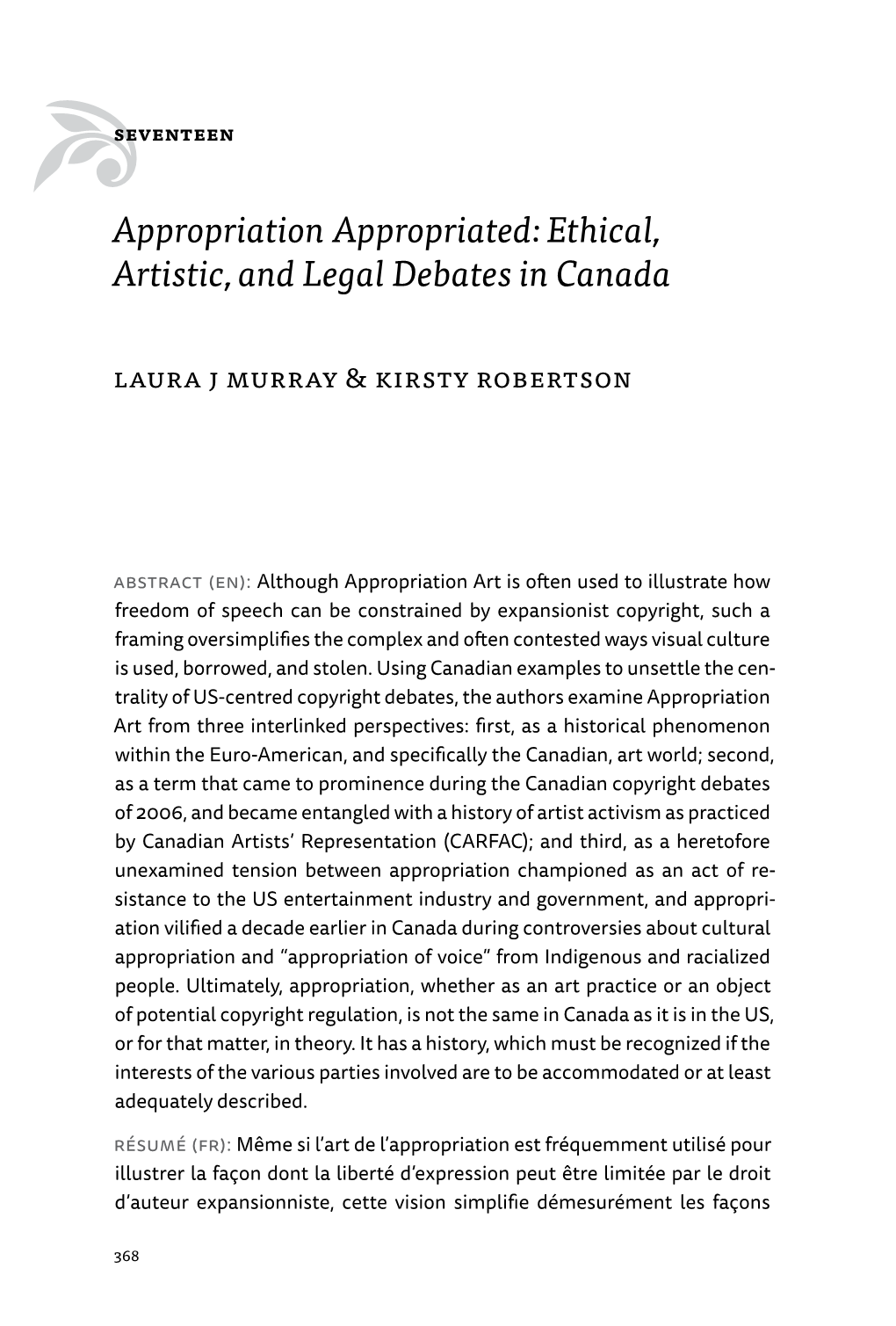 Appropriation Appropriated: Ethical, Artistic, and Legal Debates in Canada