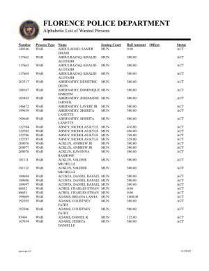 FLORENCE POLICE DEPARTMENT Alphabetic List of Wanted Persons