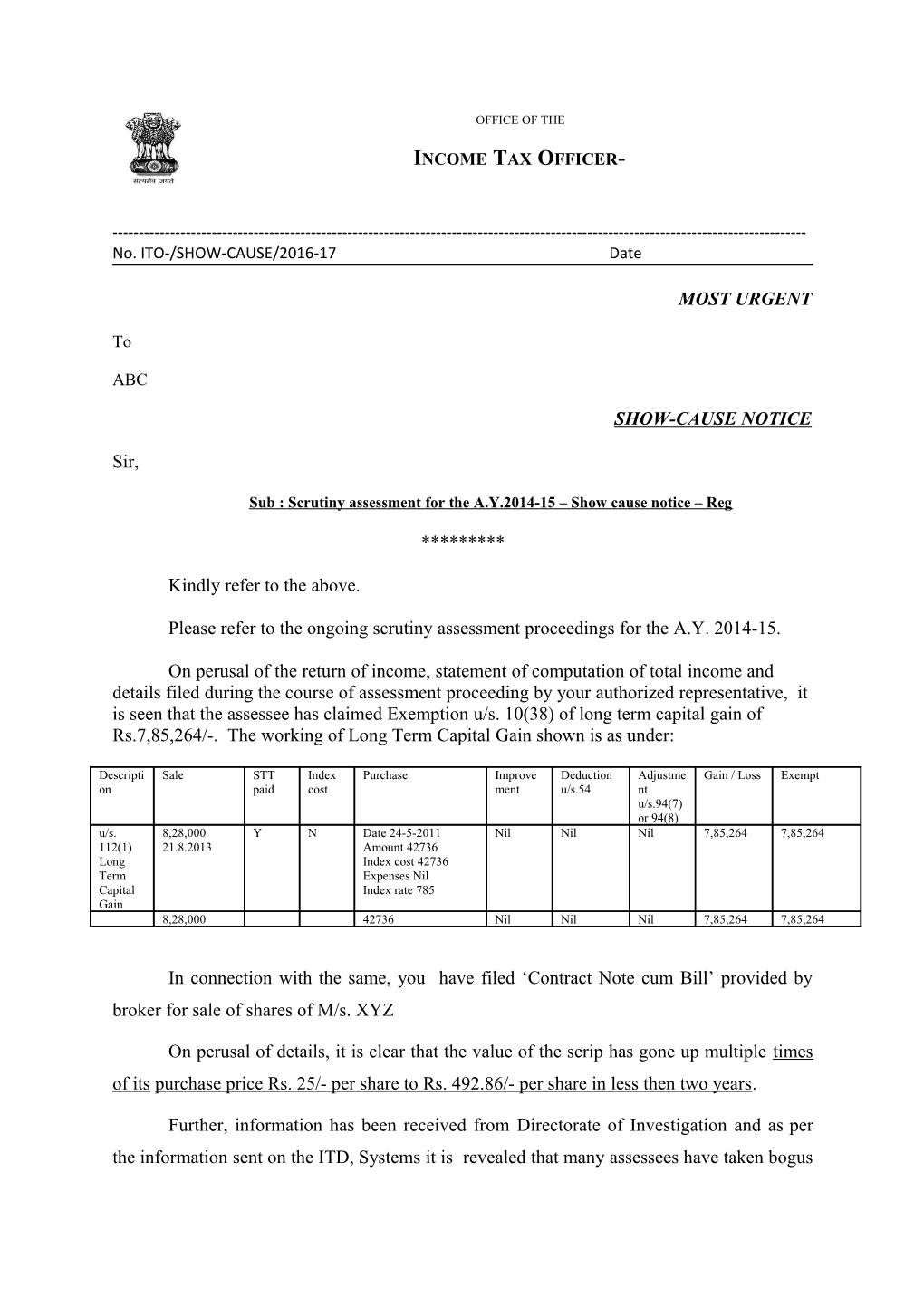 Sub : Scrutiny Assessment for the A.Y.2014-15 Show Cause Notice Reg