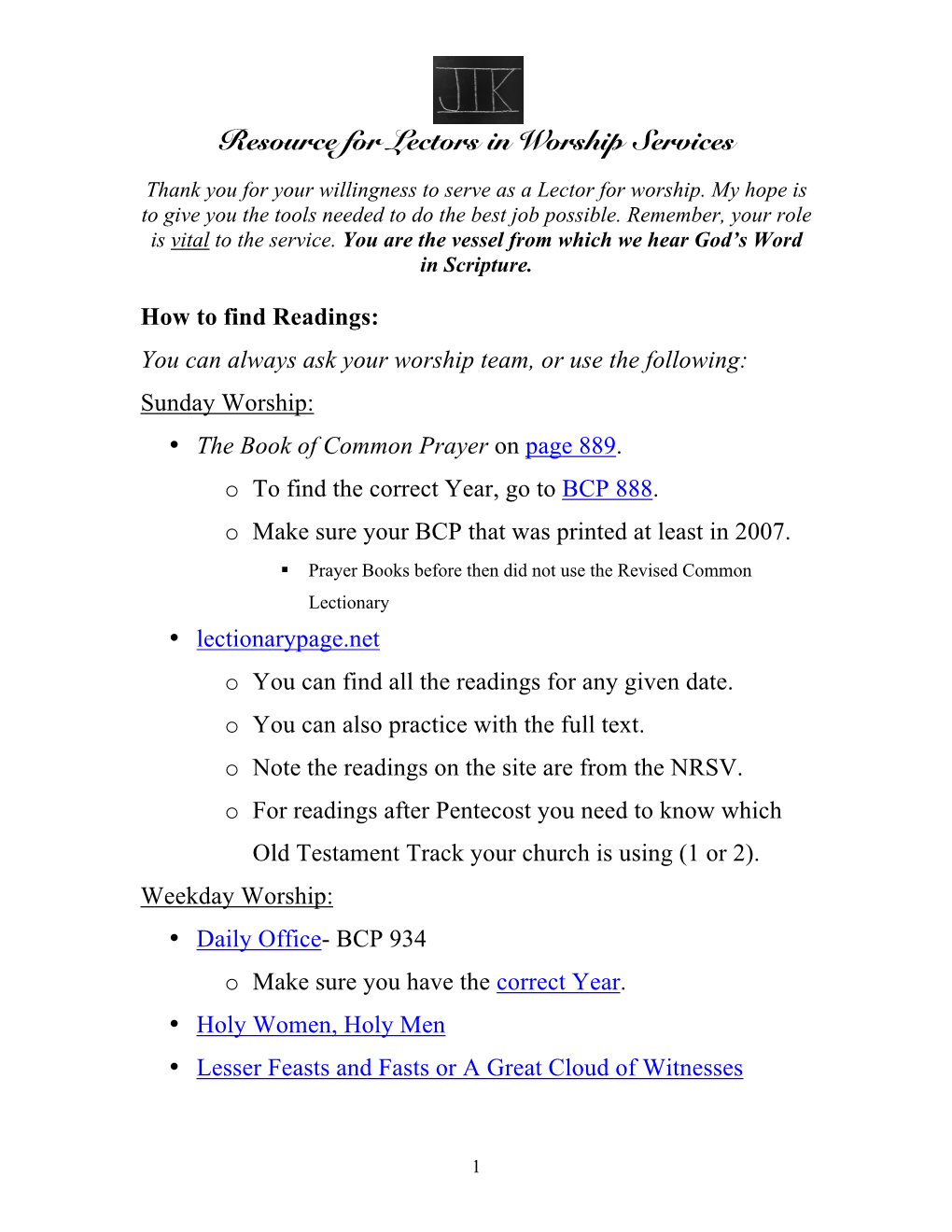 Resource for Lectors in Worship Services Thank You for Your Willingness to Serve As a Lector for Worship