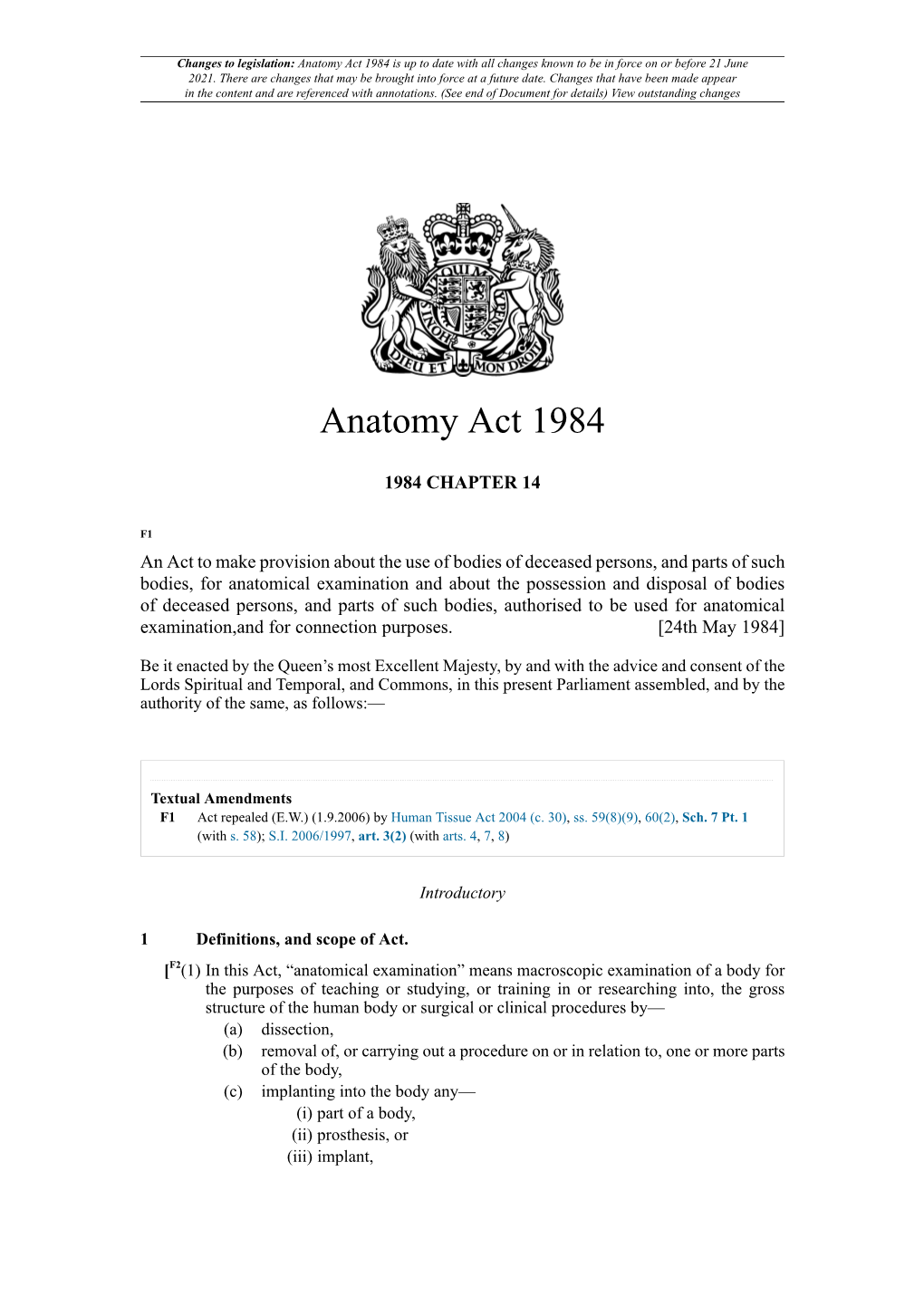 Anatomy Act 1984 Is up to Date with All Changes Known to Be in Force on Or Before 21 June 2021