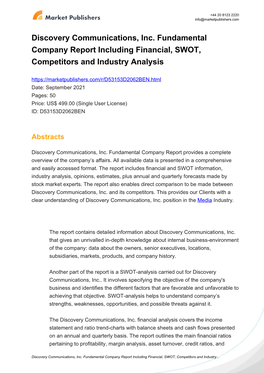 Discovery Communications, Inc. Fundamental Company Report Including Financial, SWOT, Competitors and Industry Analysis