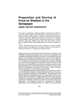 Preparation and Serving of Food on Shabbat in the Synagogue RABBI MAYER RABINOWITZ