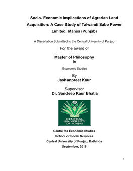 Socio- Economic Implications of Agrarian Land Acquisition: a Case Study of Talwandi Sabo Power Limited, Mansa (Punjab) for the A
