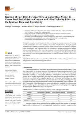 A Conceptual Model to Assess Fuel Bed Moisture Content and Wind Velocity Effect on the Ignition Time and Probability