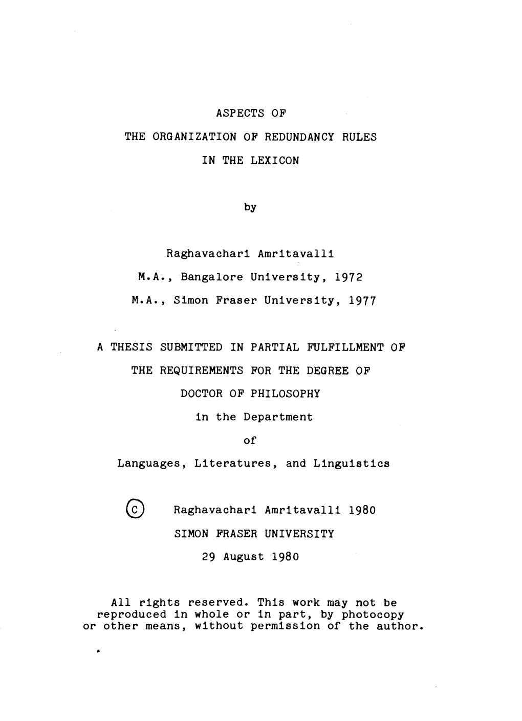 Aspects of the Organization of Redundancy Rules in the Lexicon