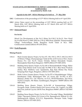 Agenda for the 118Th SEIAA Meeting to Be Held on 7Th May 2016