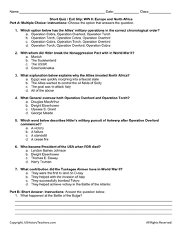 03 Short Quiz Exit Slip WW II Europe and North Africa