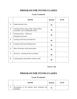 Program for Tennis Classes