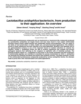 Lactobacillus Acidophilus Bacteriocin, from Production to Their Application: an Overview