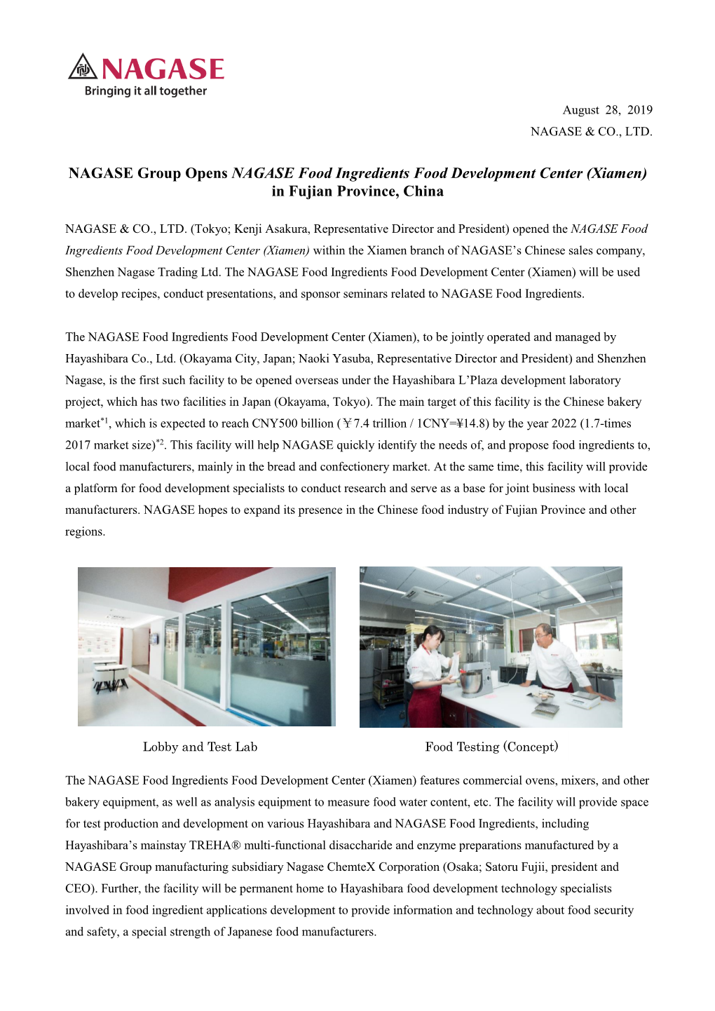 NAGASE Group Opens NAGASE Food Ingredients Food Development Center (Xiamen) in Fujian Province, China