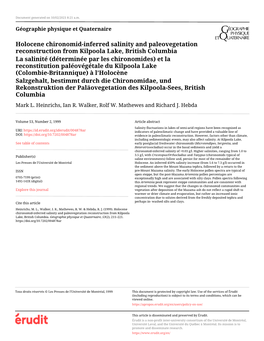 Holocene Chironomid-Inferred Salinity and Paleovegetation Reconstruction