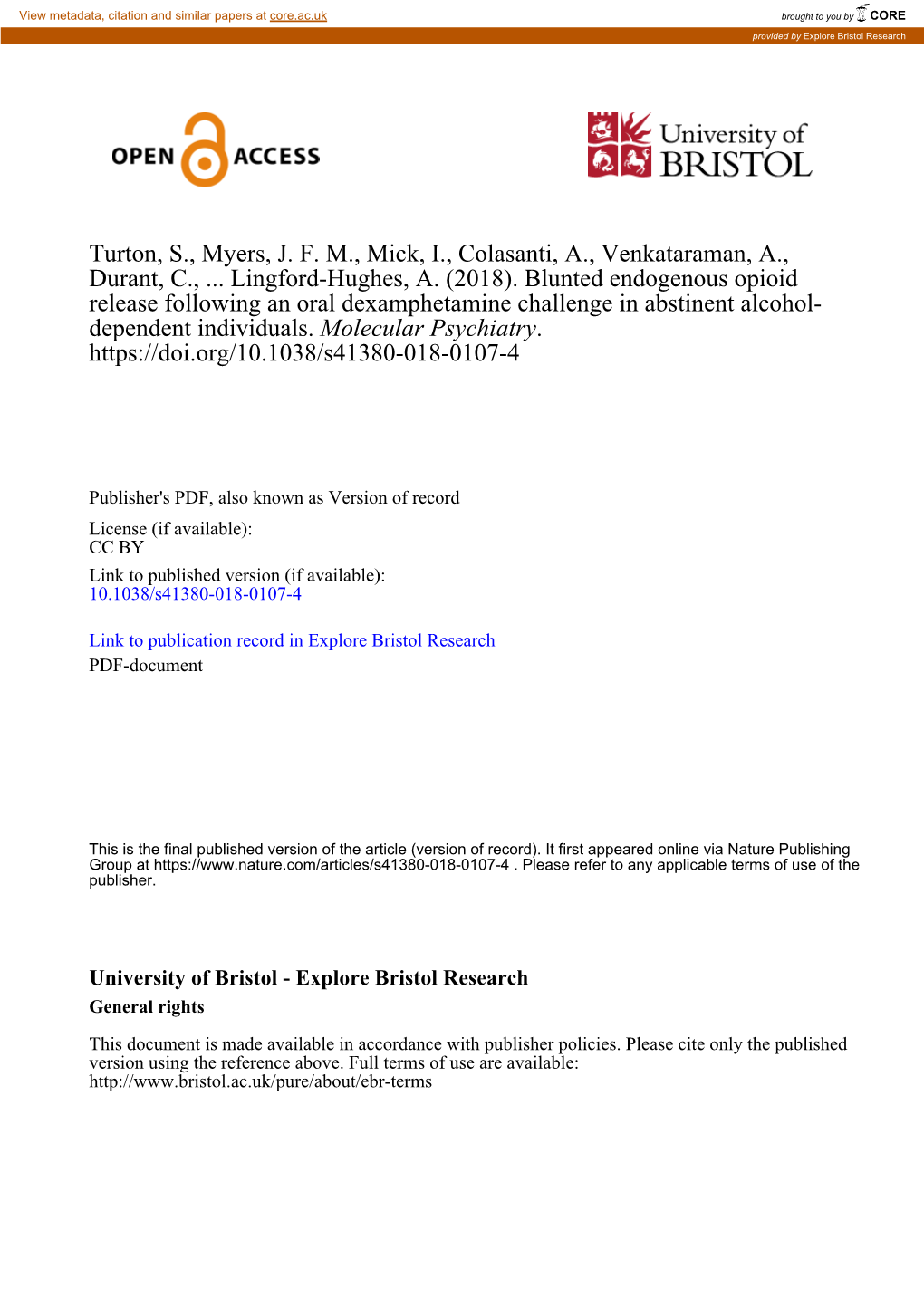 Blunted Endogenous Opioid Release Following an Oral Dexamphetamine Challenge in Abstinent Alcohol- Dependent Individuals