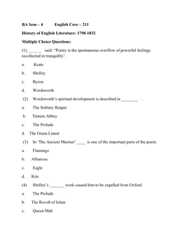 BA Sem – 4 English Core – 211 History of English Literature: 1798