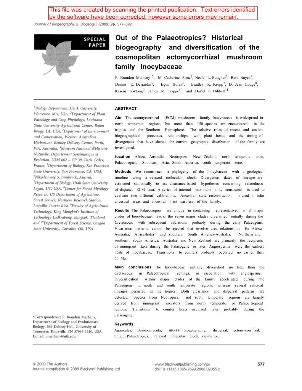 Historical Biogeography and Diversification of the Cosmopolitan Ectomycorrhizal Mushroom Family Inocybaceae